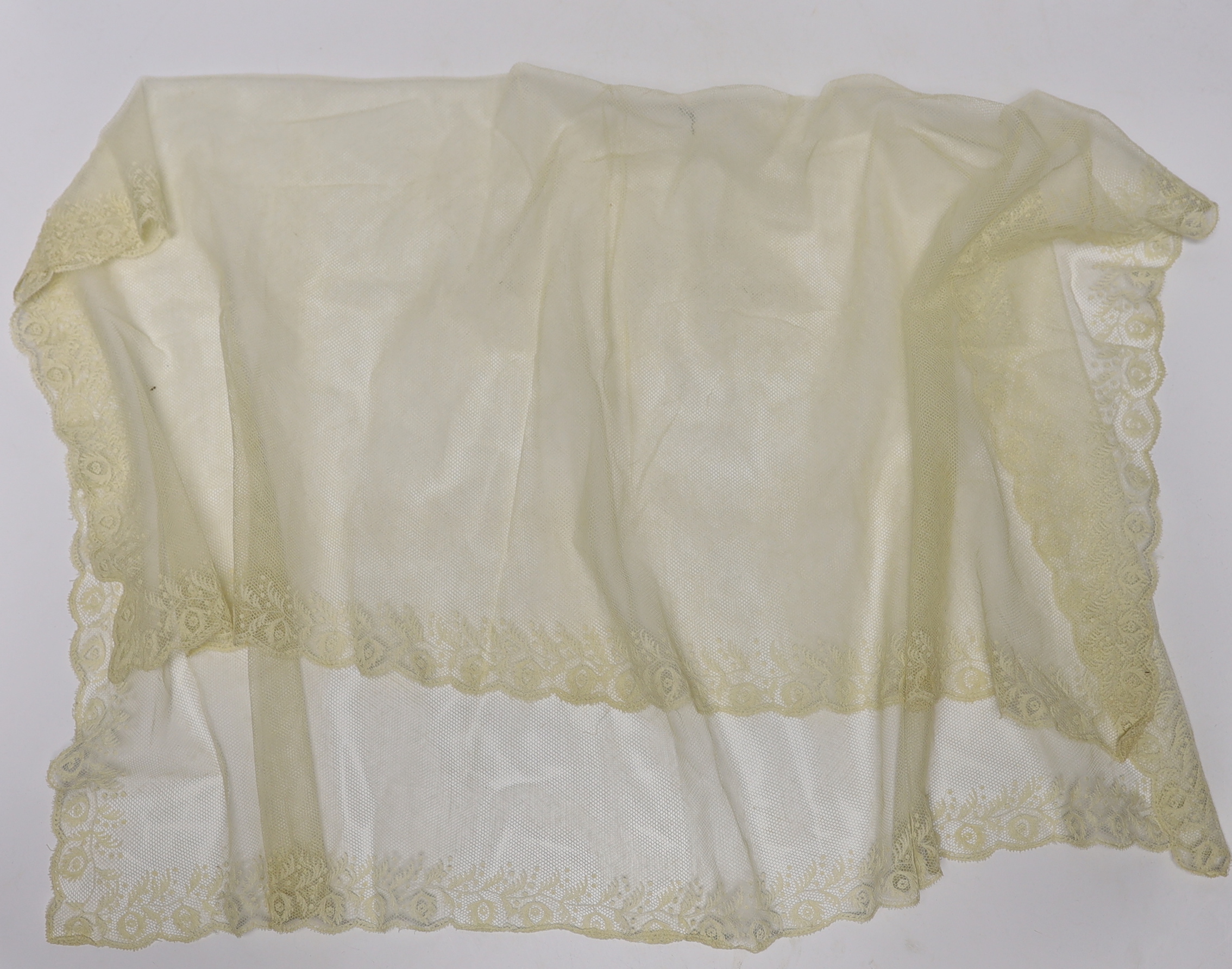 A long 19th century mixed Brussels lace collar, with 20 needle lace oval insertions, a similar wider Honiton bobbin lace collar and a machine lace bonnet veil